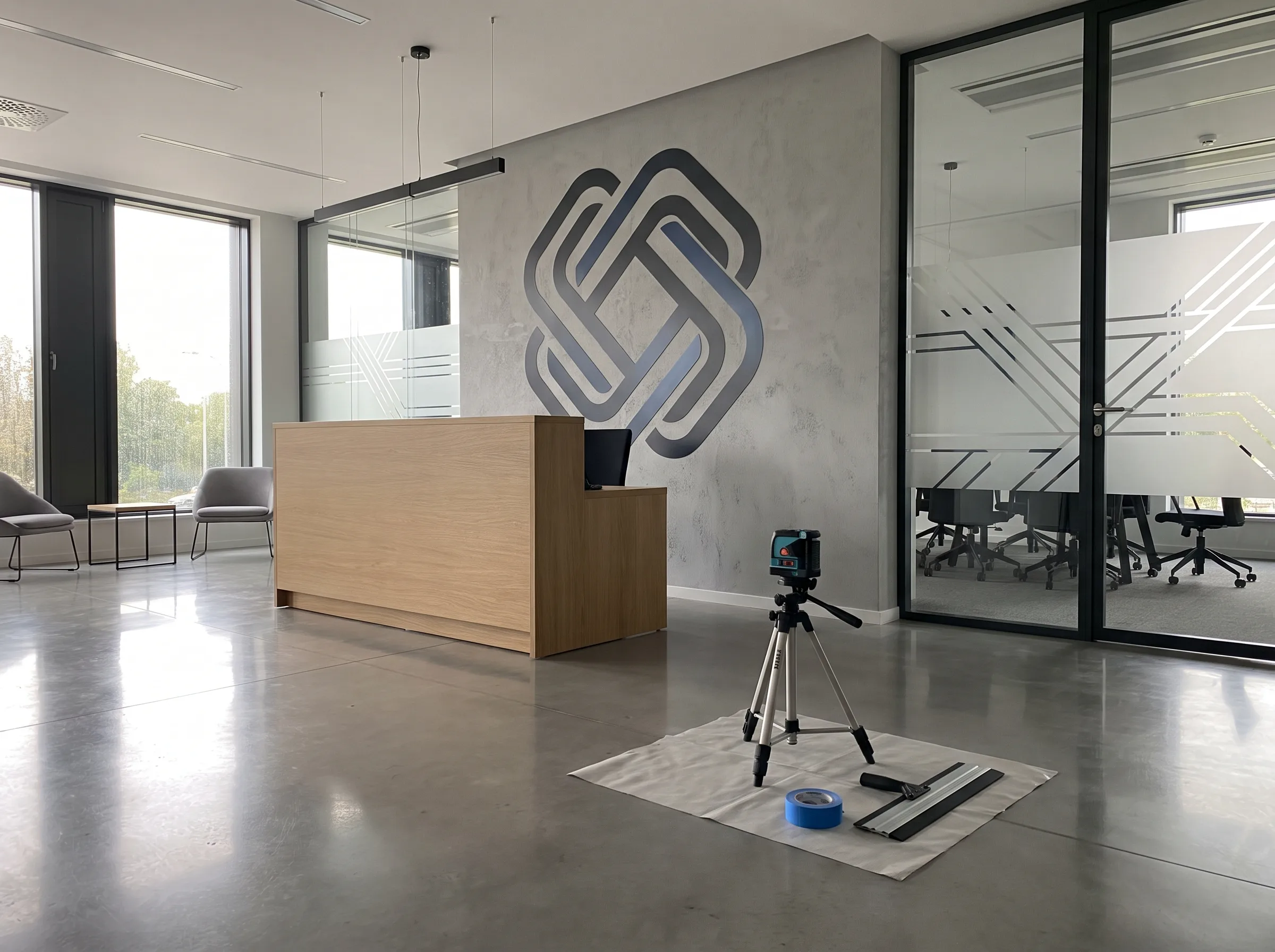 Logo w postaci geometrycznego kształtu na szarej ścianie recepcji biurowej