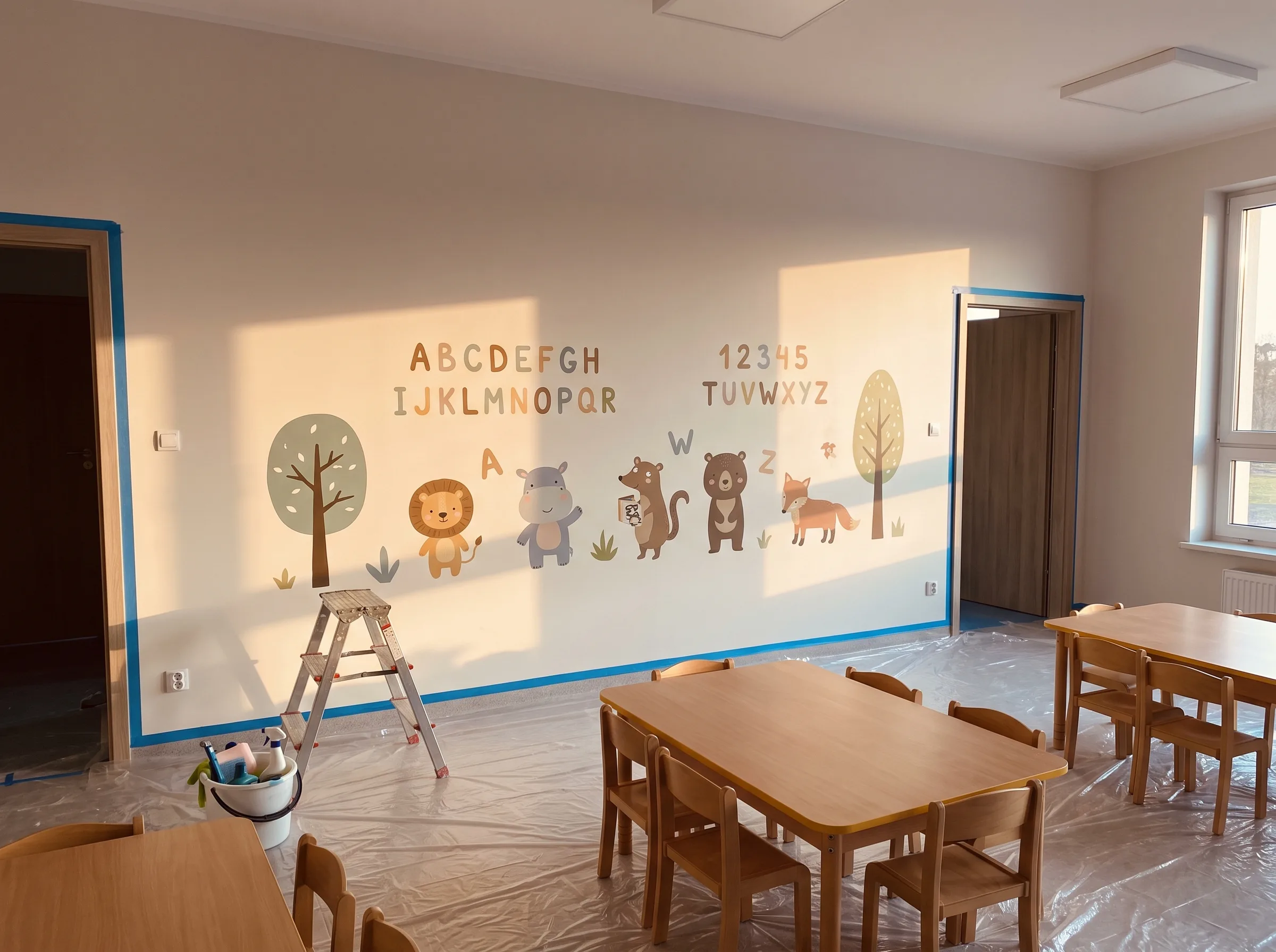 Mural na ścianę pokoju dziecięcego z drukowanym alfabetem, zwierzętami i cyframi