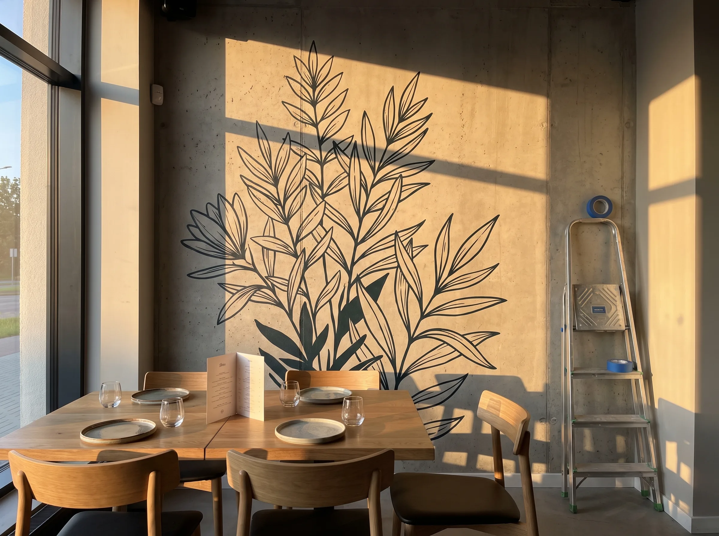 Druk na ścianie - botaniczna grafika liści, dekoracja restauracji