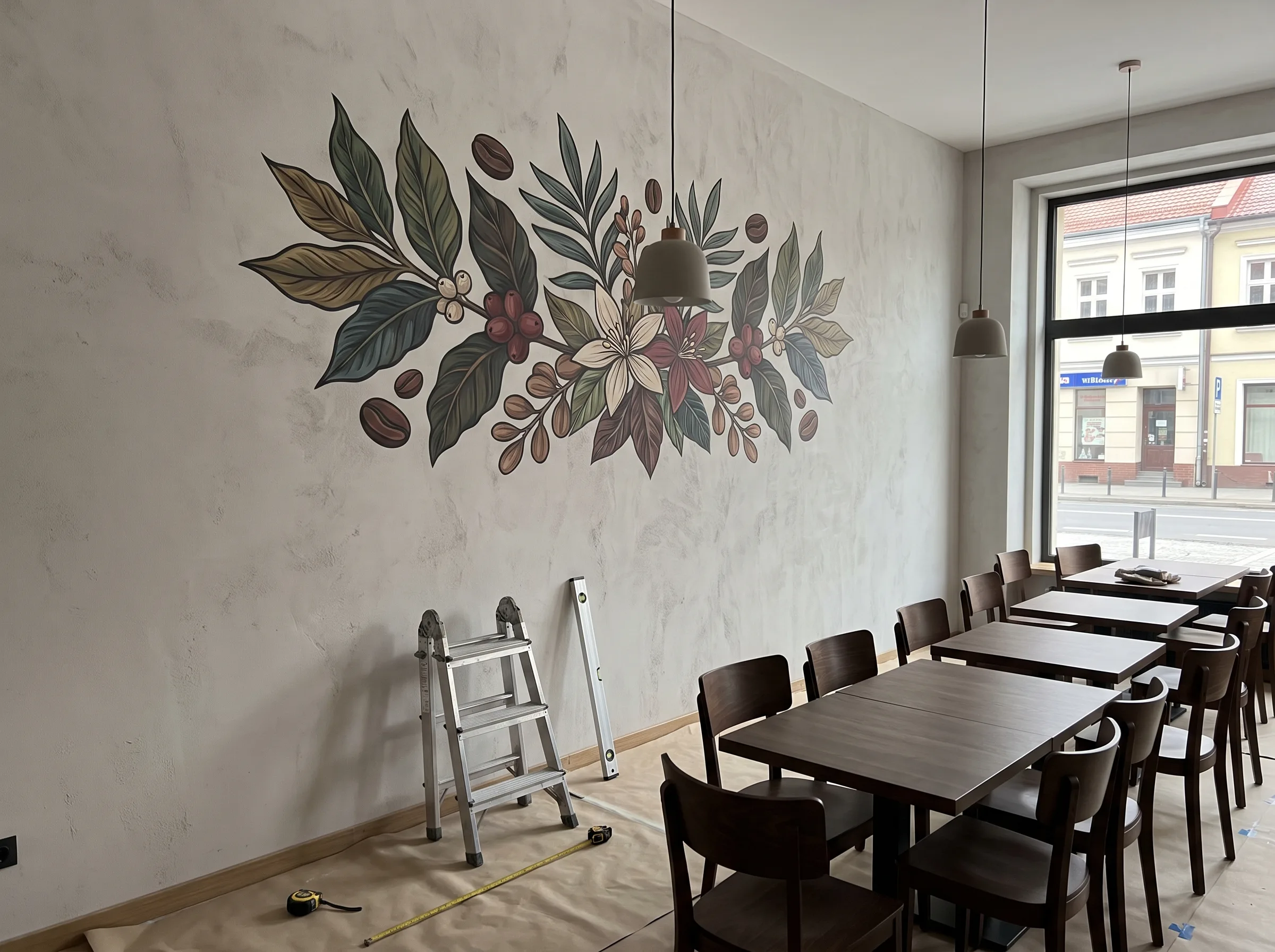 Artystyczna grafika ścienna z motywami botanicznymi, liśćmi i kwiatami na ścianie restauracji