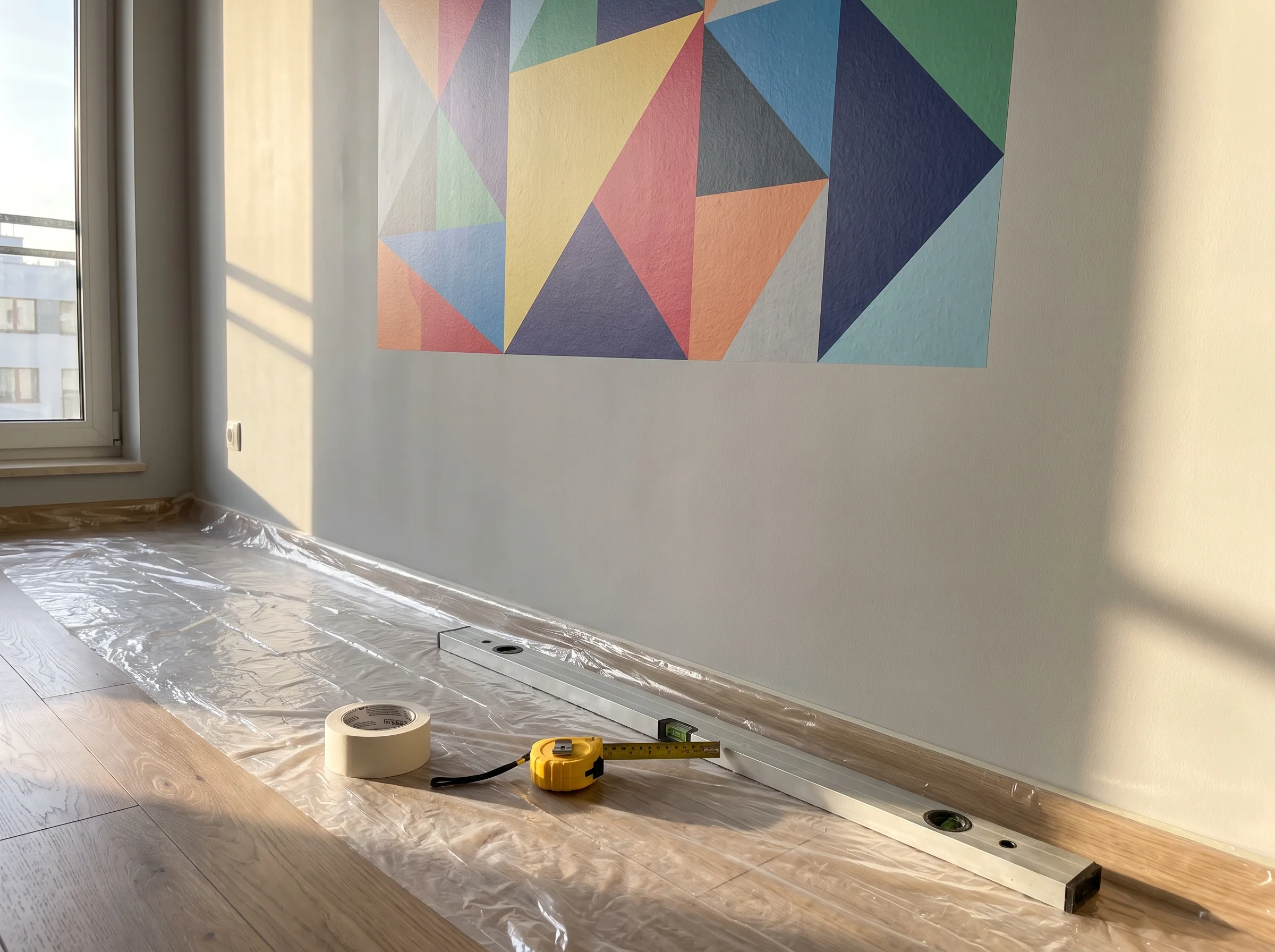 Mural z geometrycznymi wzorami w żywych kolorach: żółty, niebieski, różowy, zielony na białej ścianie pokoju