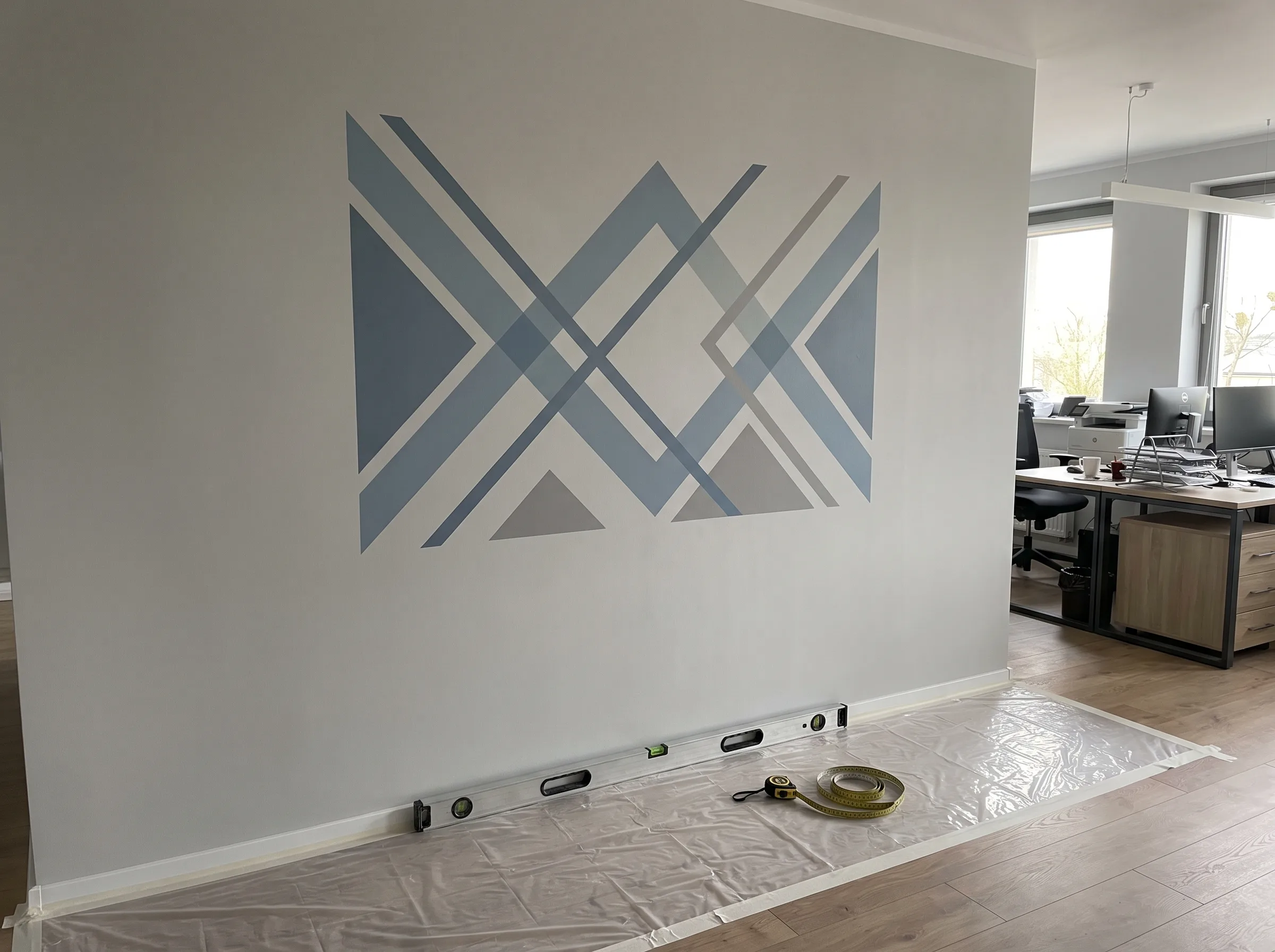 Geometryczna grafika na ścianie biura z wzorem niebieskich i szarych pasów oraz trójkątów