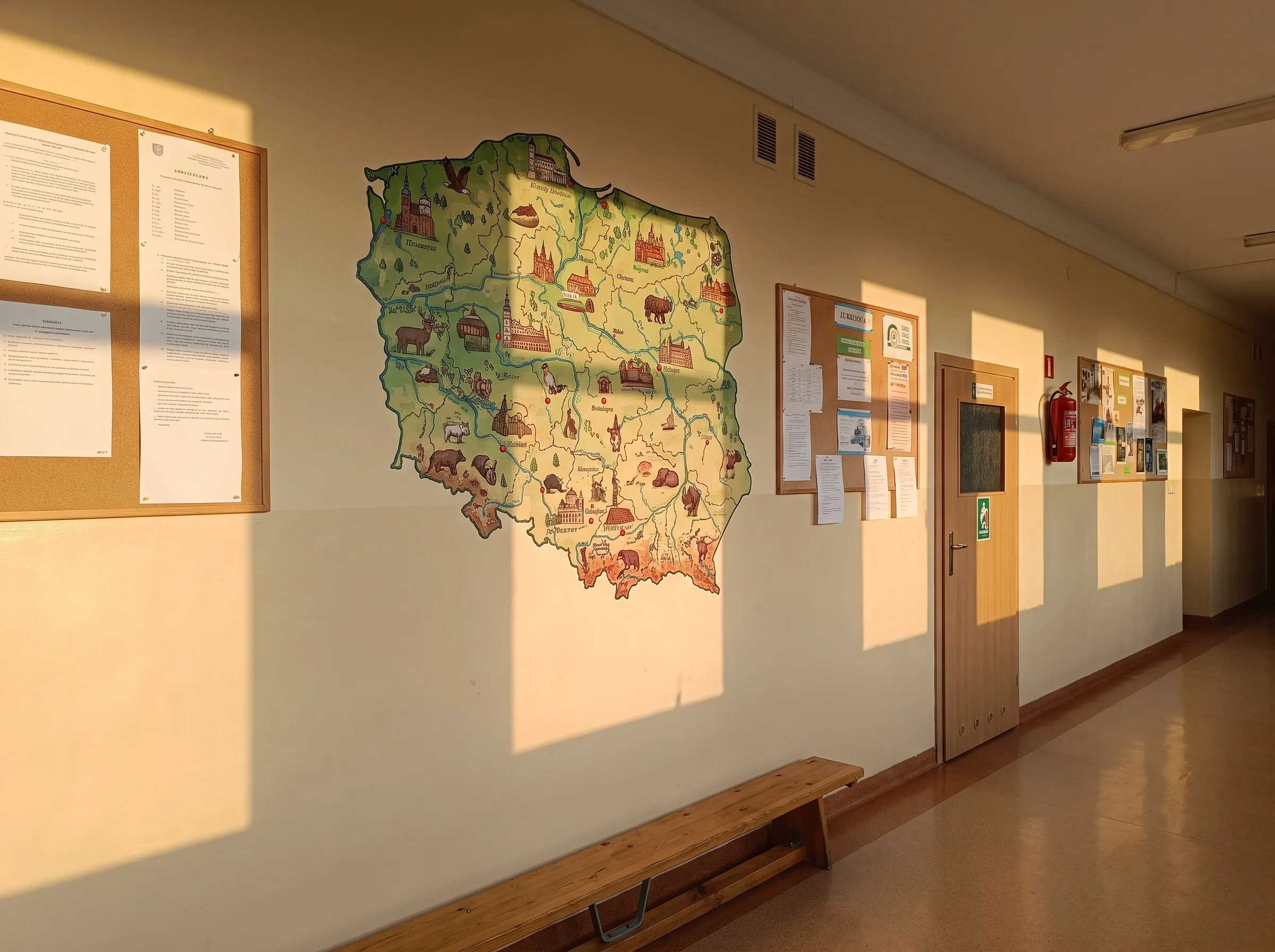 Kolorowa grafika mapy Polski z regionalnymi ilustracjami na ścianie szkolnego korytarza - Dekoracja szkoły