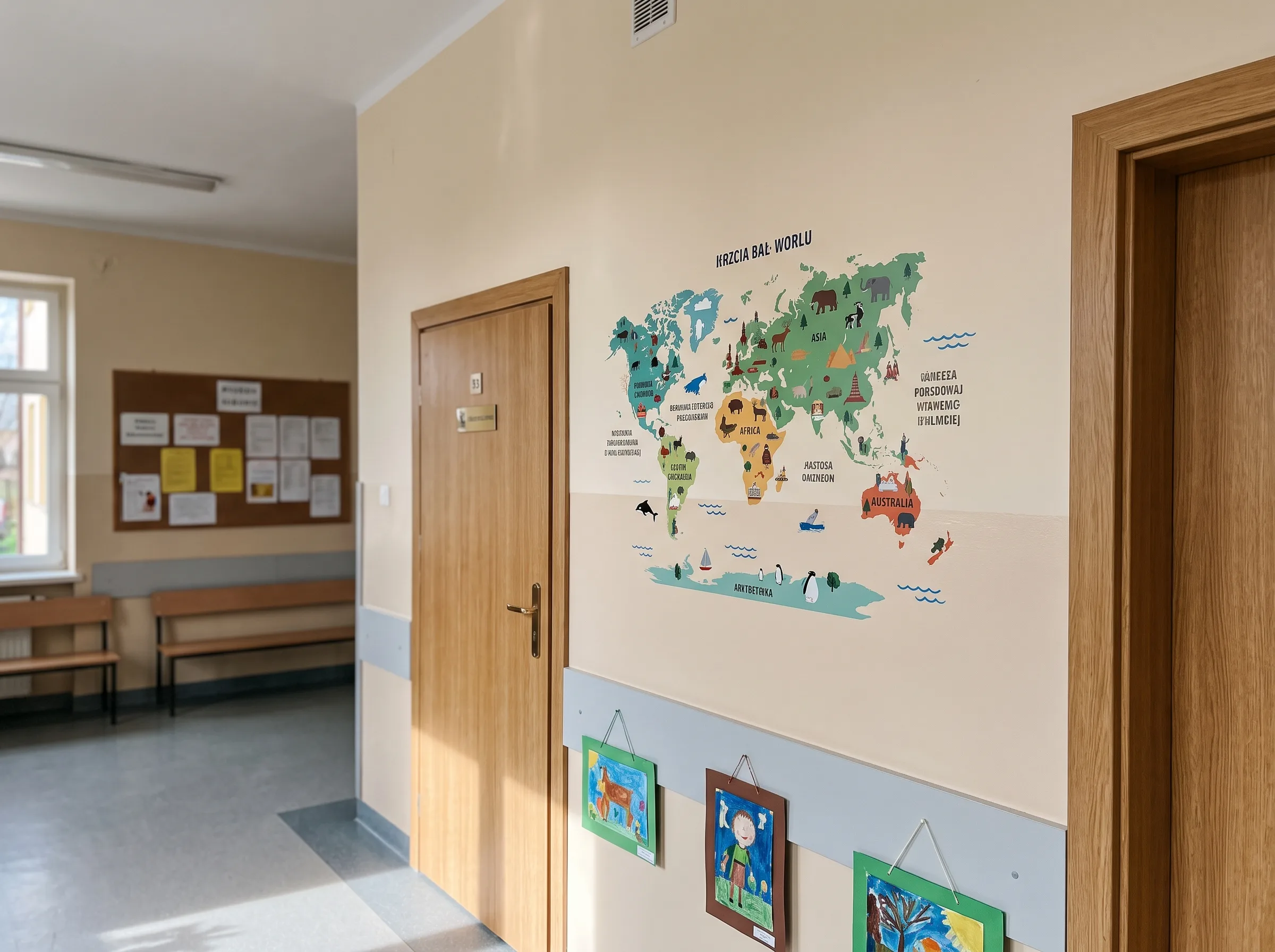Mural mapy świata z ikonami zwierząt - druk ścienny do przedszkola