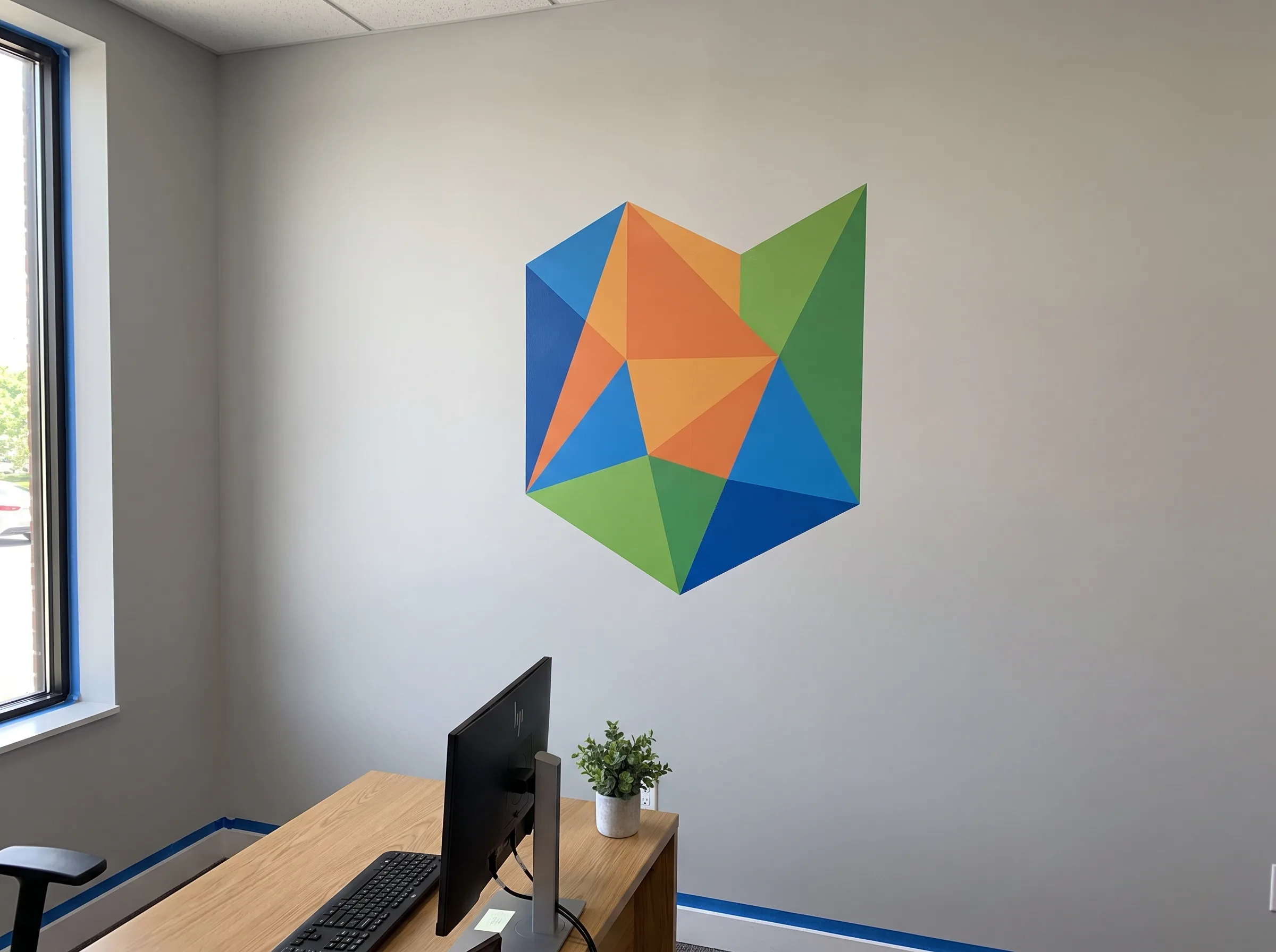 Kolorowa grafika ścienna z geometrycznym wzorem trójkątów w biurze