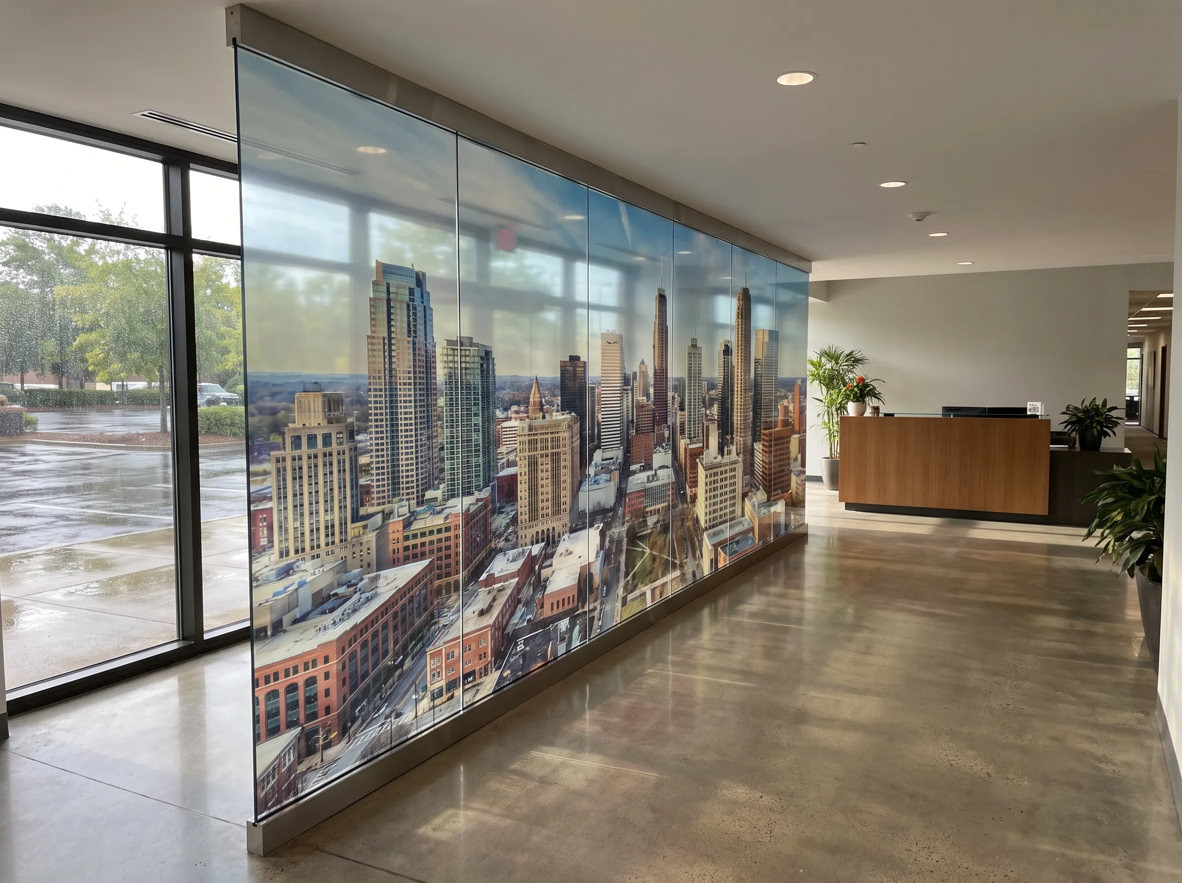 Druk UV na ścianie - mural panoramy miasta z wieżowcami w recepcji