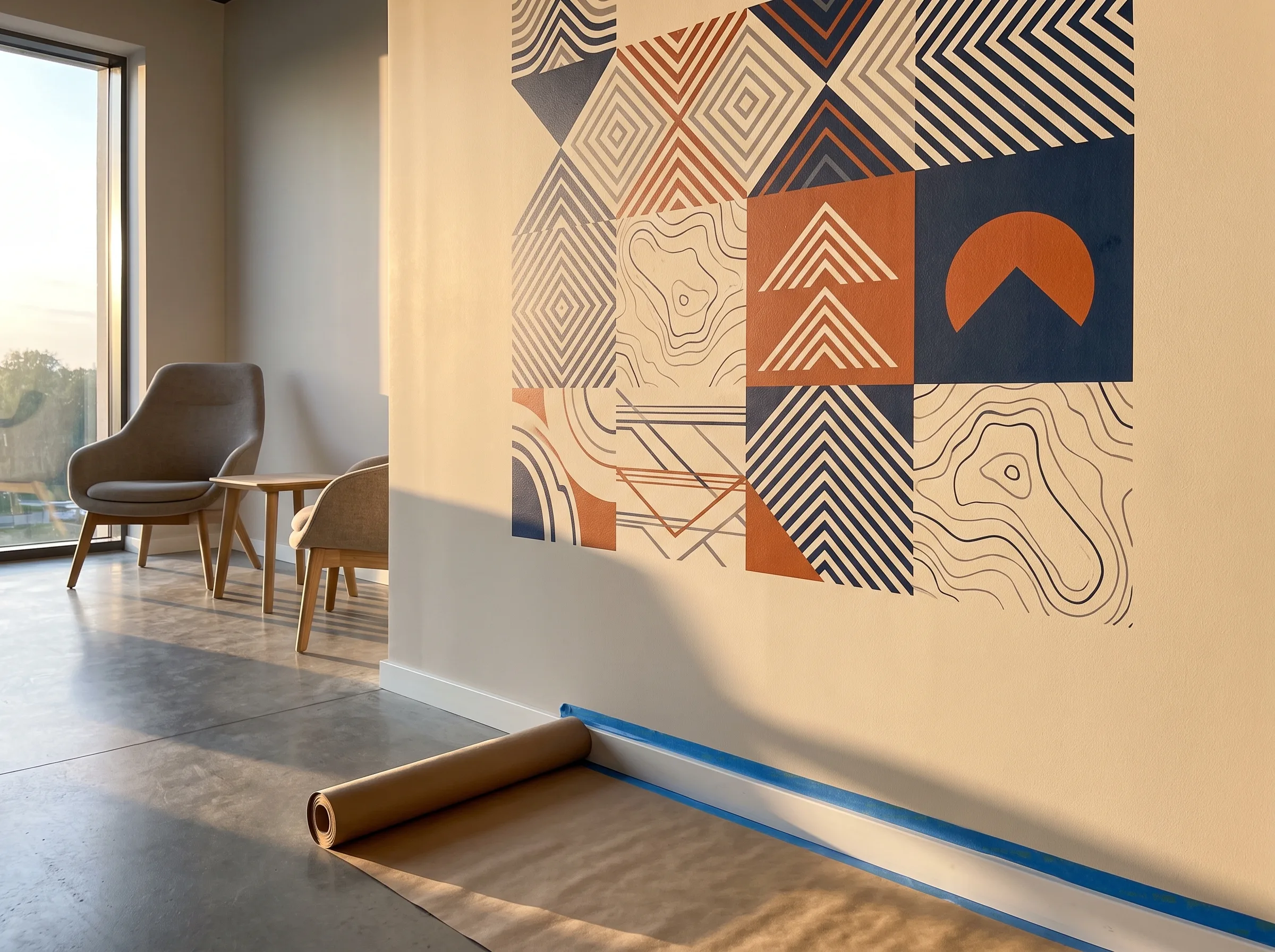 Grafika ścienna - geometryczne wzory w beżu, brązie i granatowym - dekoracja nowoczesnego biura