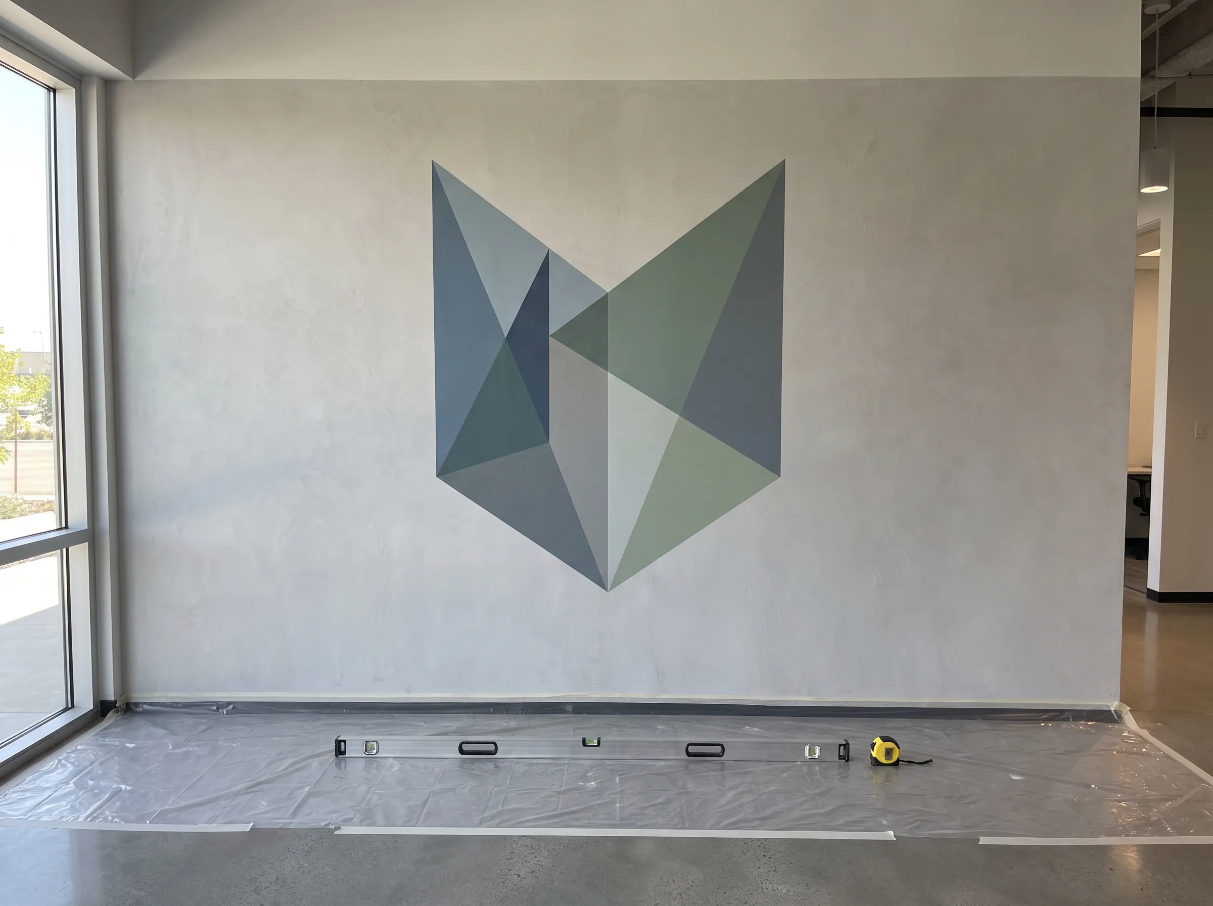 Geometryczna grafika ścienna z abstrakcyjnych trójkątów w tonach niebieskim i zielonym