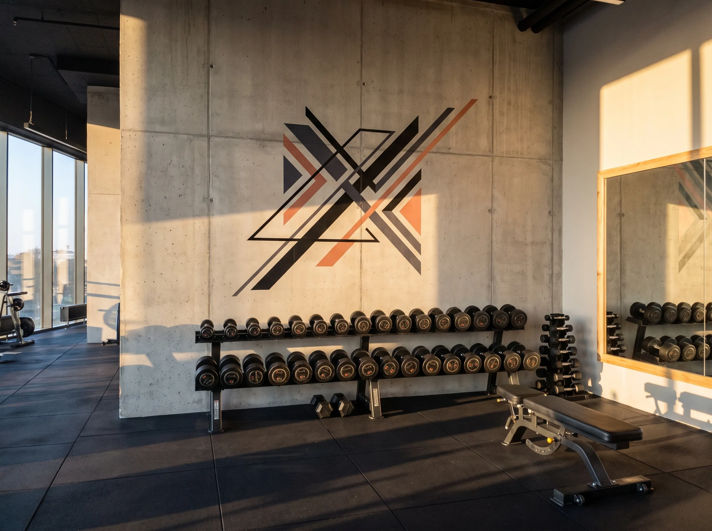 Grafika ścienna do klubu fitness z geometrycznym wzorem w czarnym i pomarańczowym kolorze