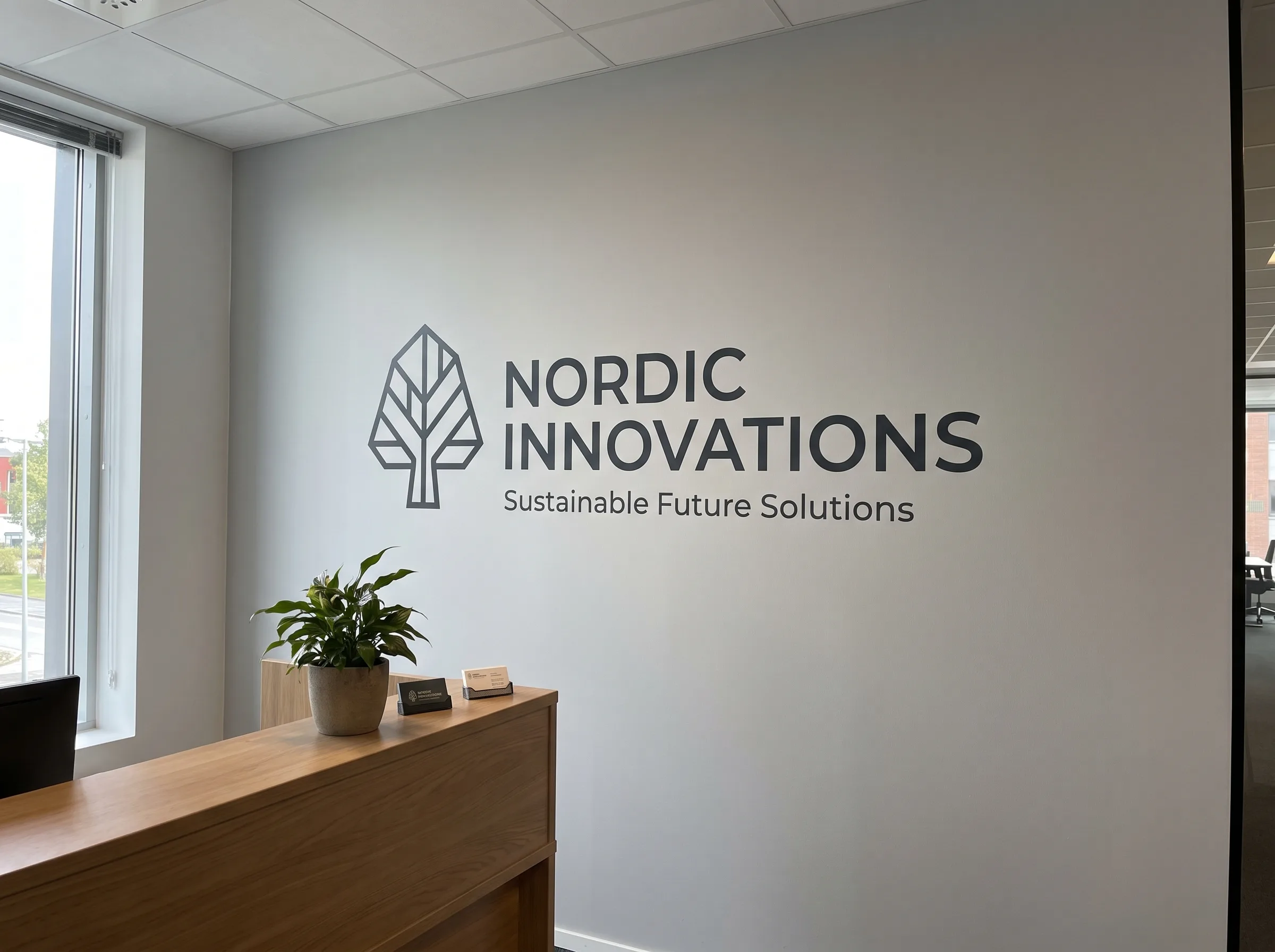 Ściana z drukowaną grafiką - logo liścia i napis firmowy w recepcji