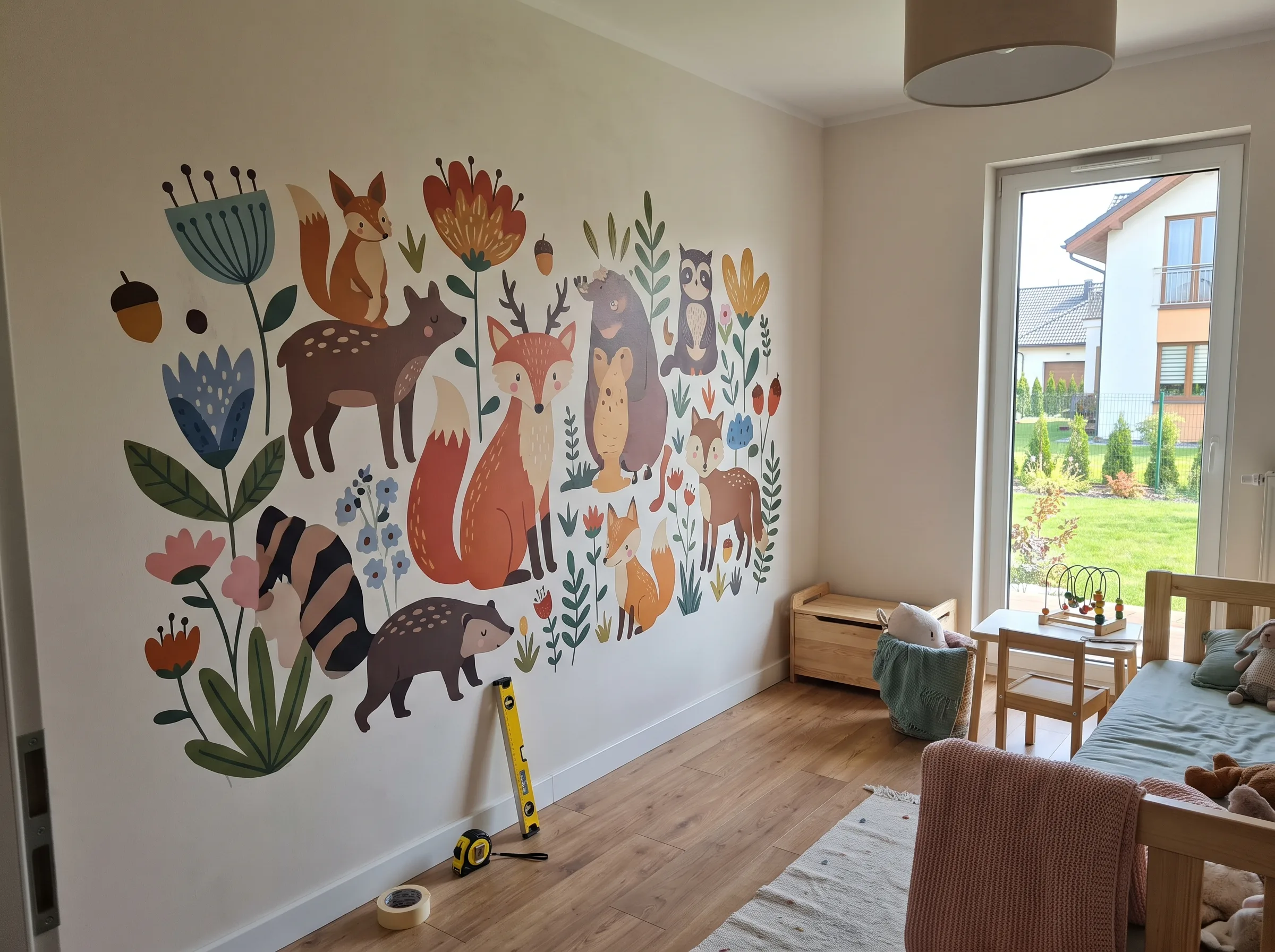 Kolorowy mural na ścianie pokoju dziecięcego z ilustracjami zwierząt i kwiatów