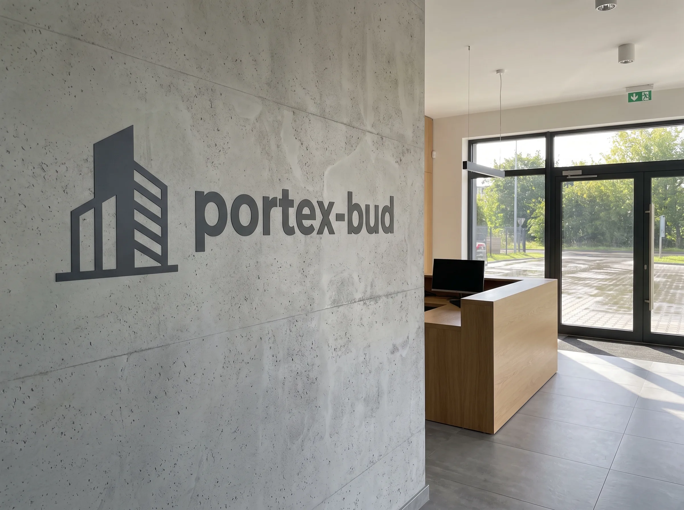 Logo portex-bud na szarej betonowej ścianie wnętrza biurowego